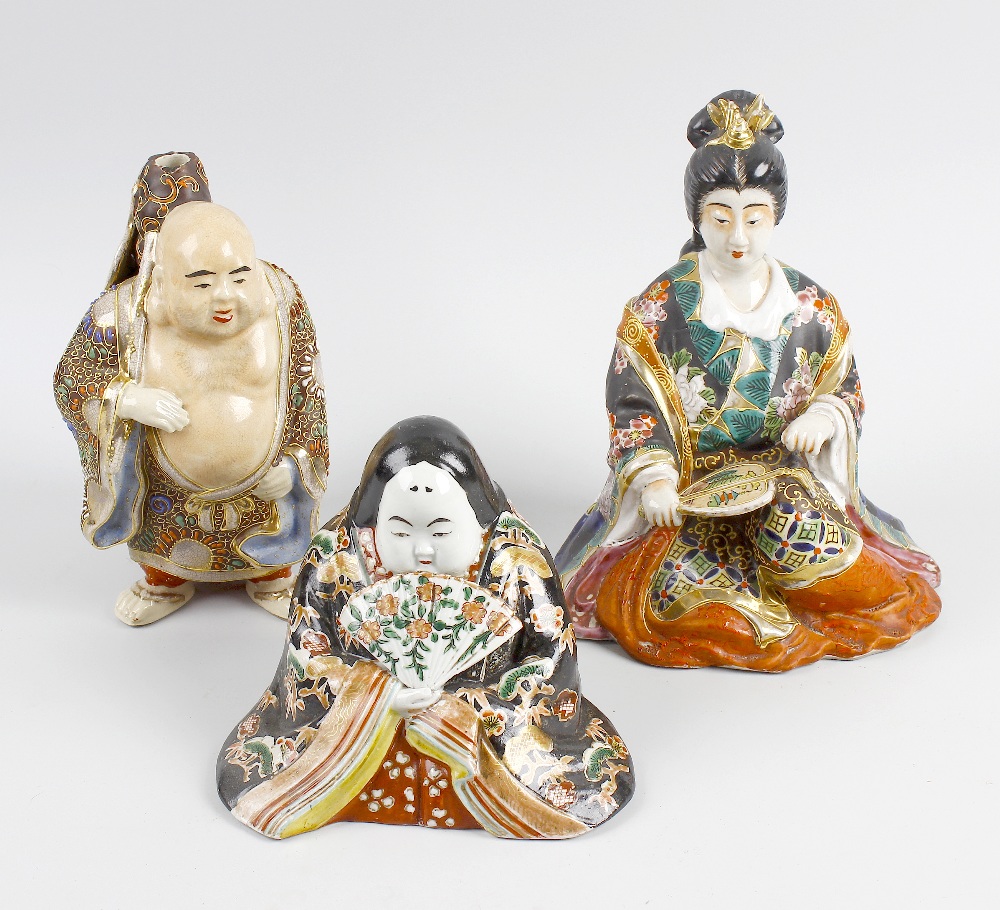 A box containing a mixed selection of Japanese Satsuma decorated pottery figures, and a Chinese