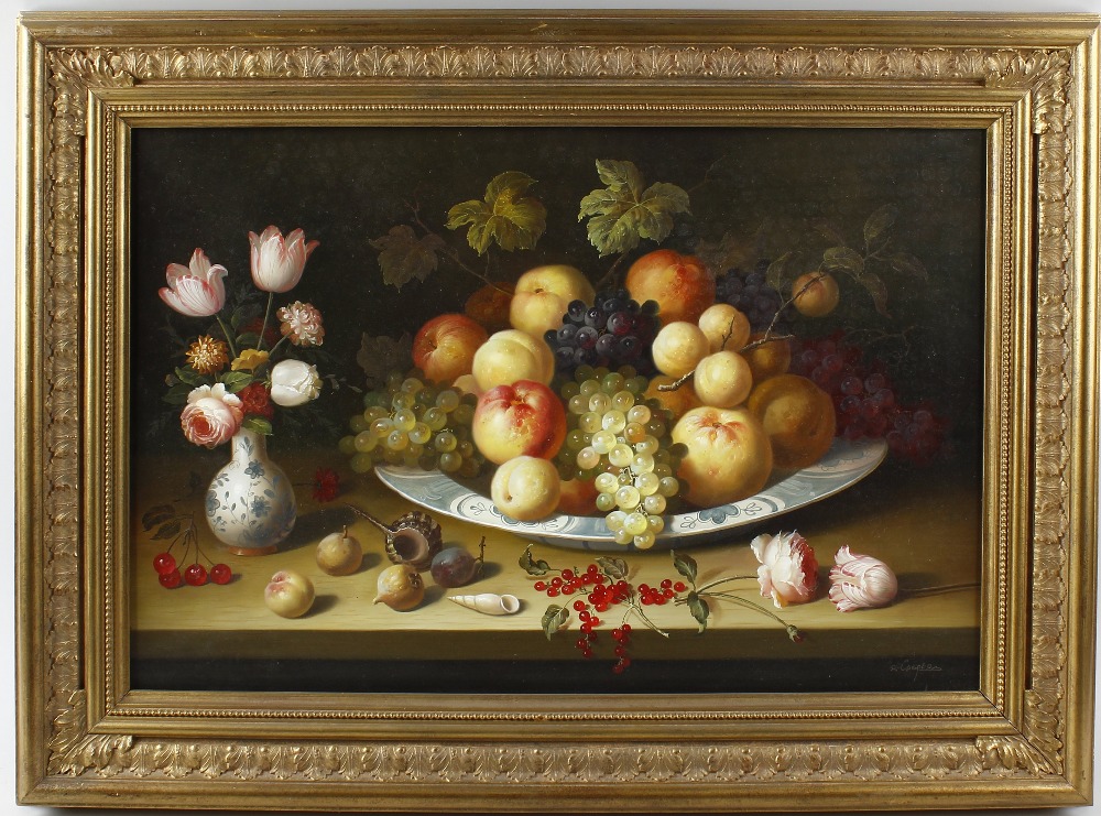 R. Casper (20th century)Still life with shells, a bowl of fruit, and vase of flowers on a table - Image 2 of 3