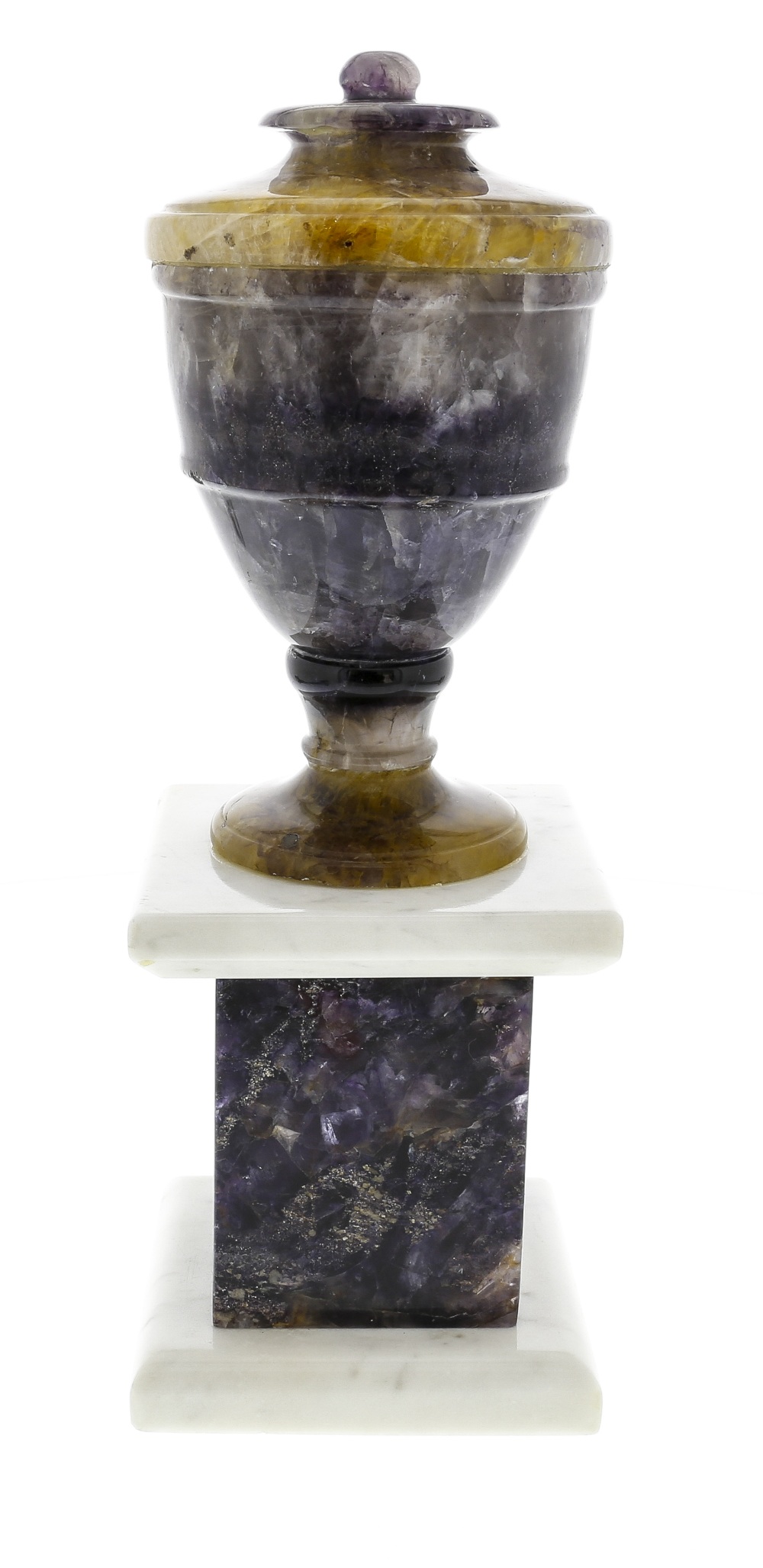 A Blue John pedestal urnTreak Cliff Blue Vein The neoclassical ovoid body with ball finial and