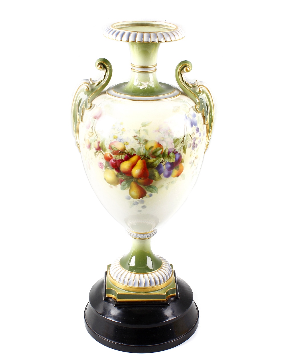 A large Royal Worcester porcelain twin handled vase, the ovoid shaped body upon a moulded plinth