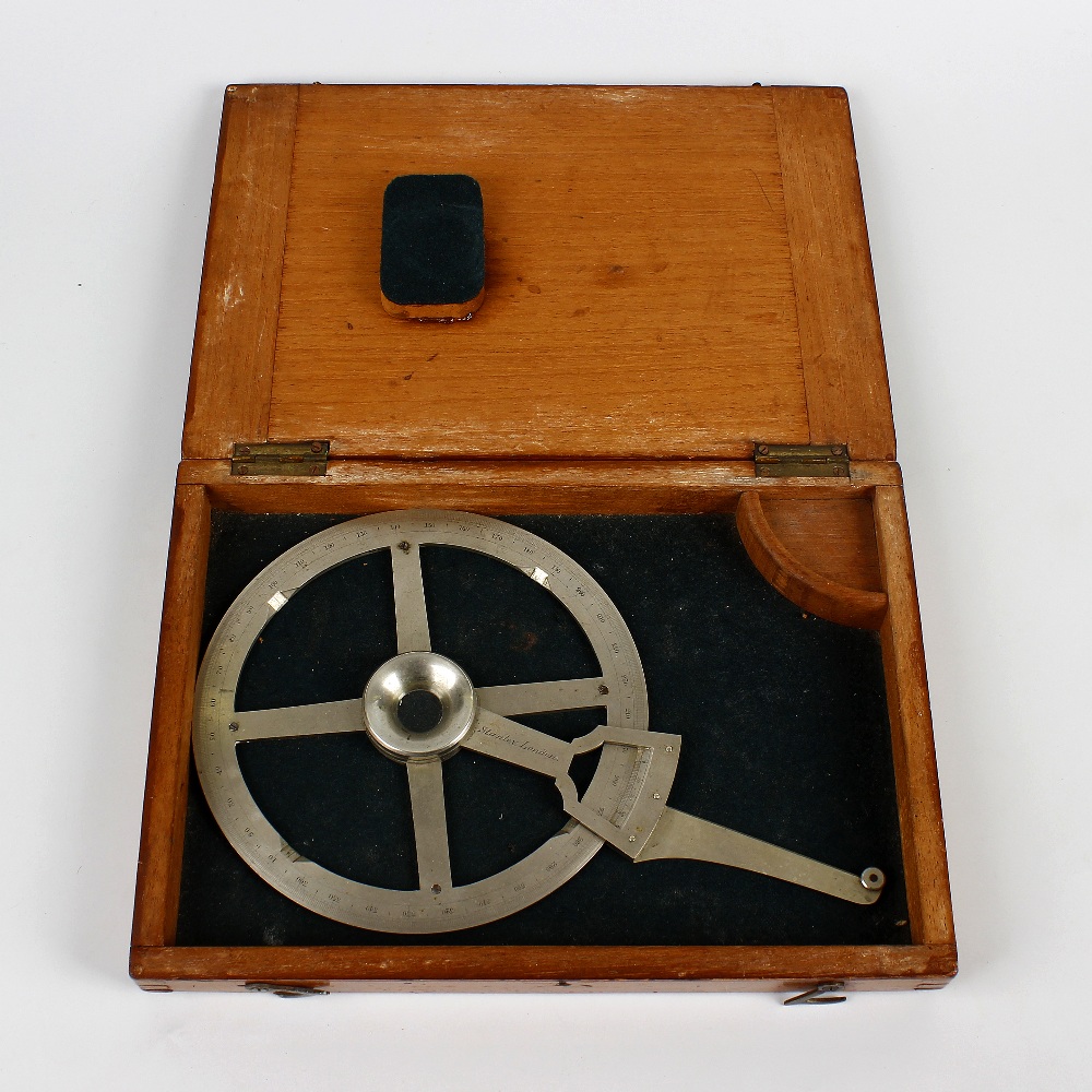 An oak-cased surveying dial by Stanley of London. Circa 1900, the four-spoke wheel marked for 360