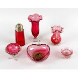 A group of cranberry and other glass To include: a clear dish with pale blue rim and scroll handles,