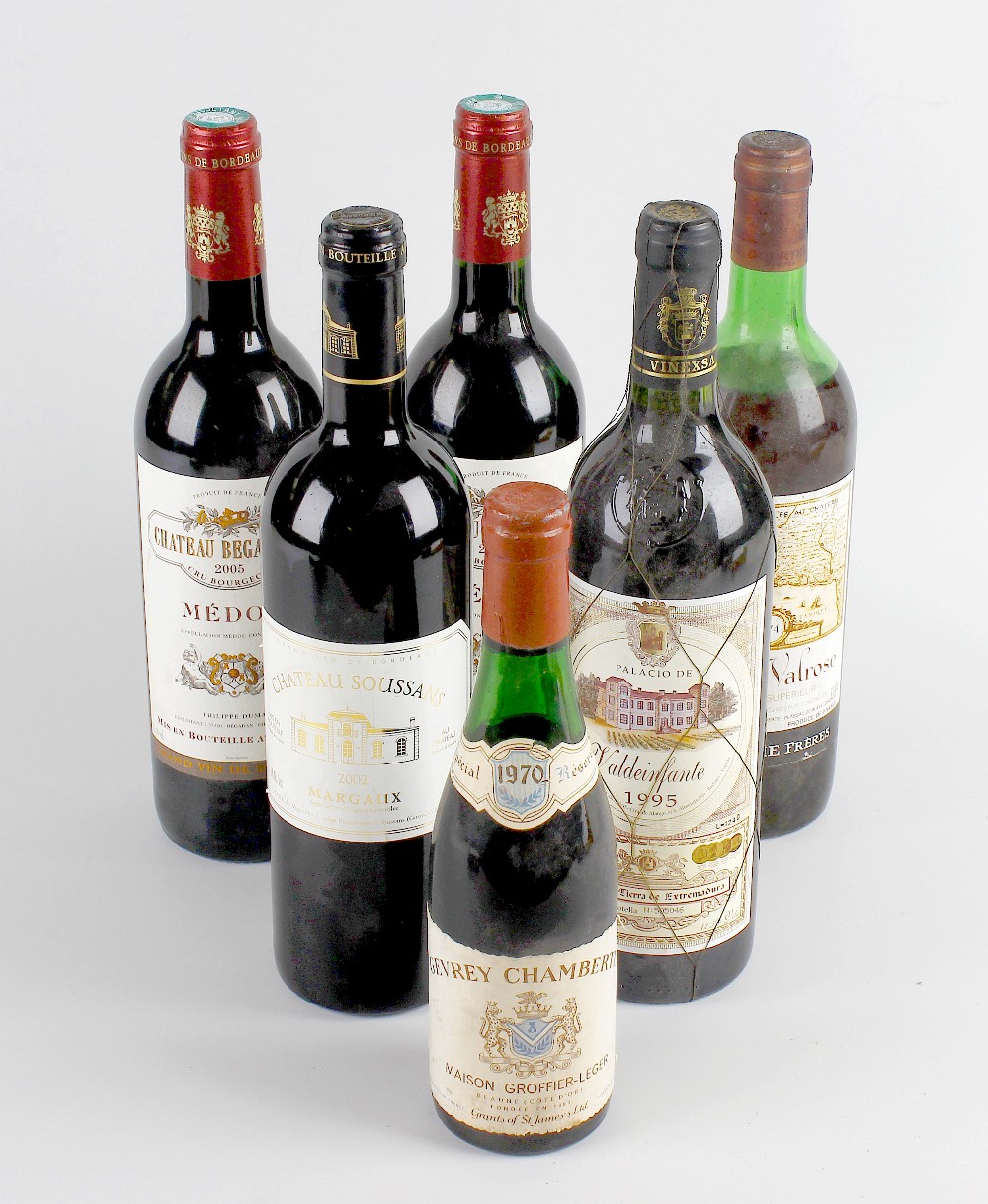 Six bottles of assorted wines, comprising Chateau Soussans 2002 Margaux, 750 ml, 12.5% volume, two