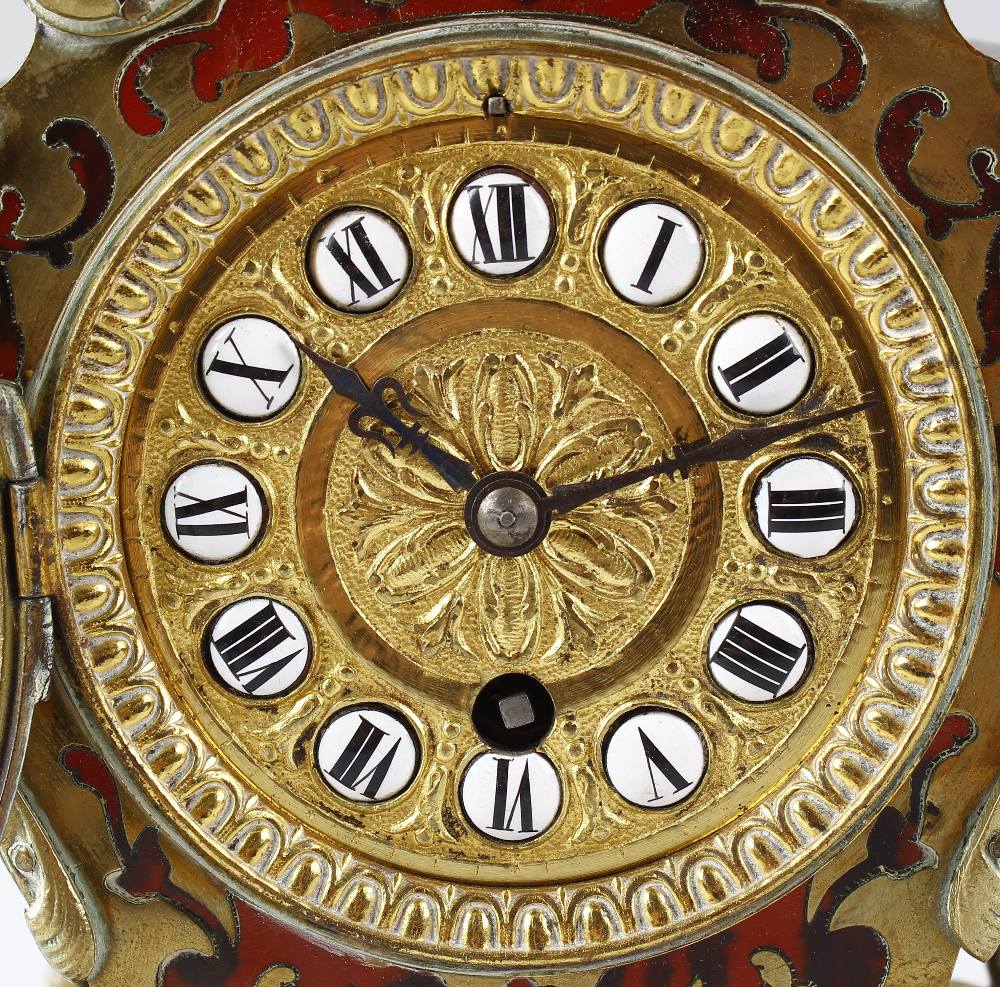 A late 19 century French red tortoiseshell and boulle mantel clock. The 3.25 inch circular dial with - Image 2 of 5