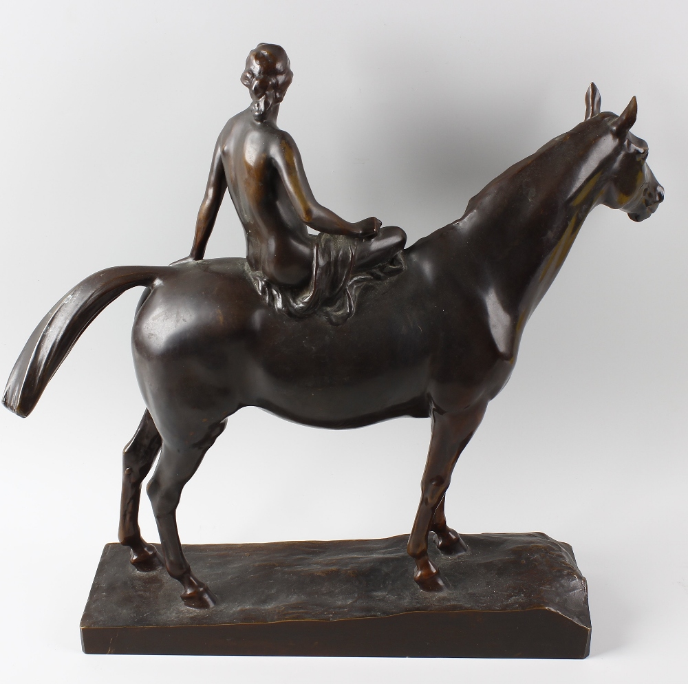 An Art Deco bronze figure group. Modelled as a female nude sat upon a horse, probably depicting Lady - Image 2 of 4