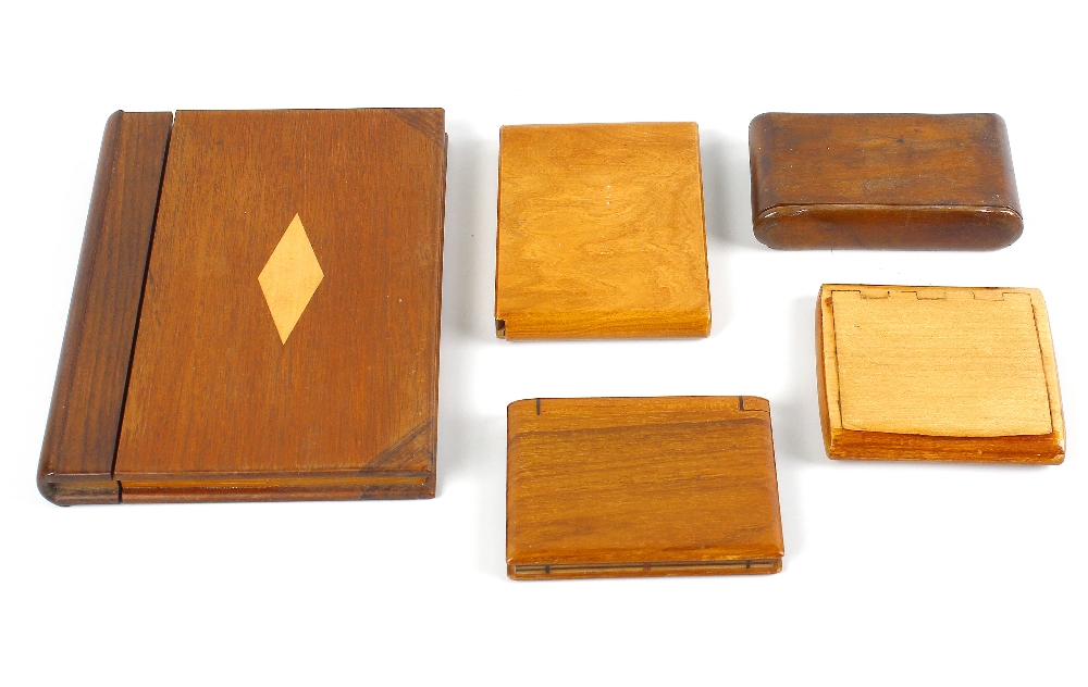 A selection of assorted wooden cigarette cases, etc. To include an example having floral carved