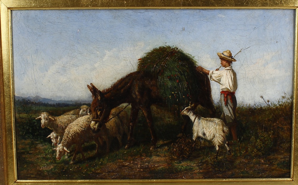 Oil on canvas Continental harvest scene with young farmer beside donkey, goats and sheep Unsigned 21 - Image 2 of 2