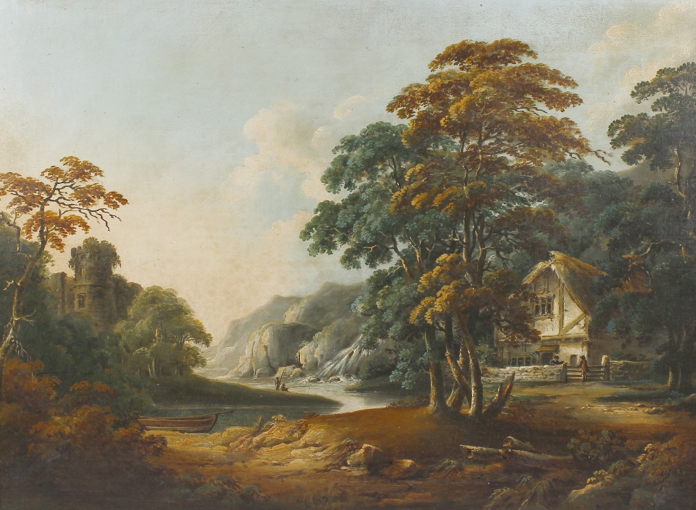 Circle of Alexander or Patrick Nasmyth (Scottish c.1800)A river landscape with anglers and figures