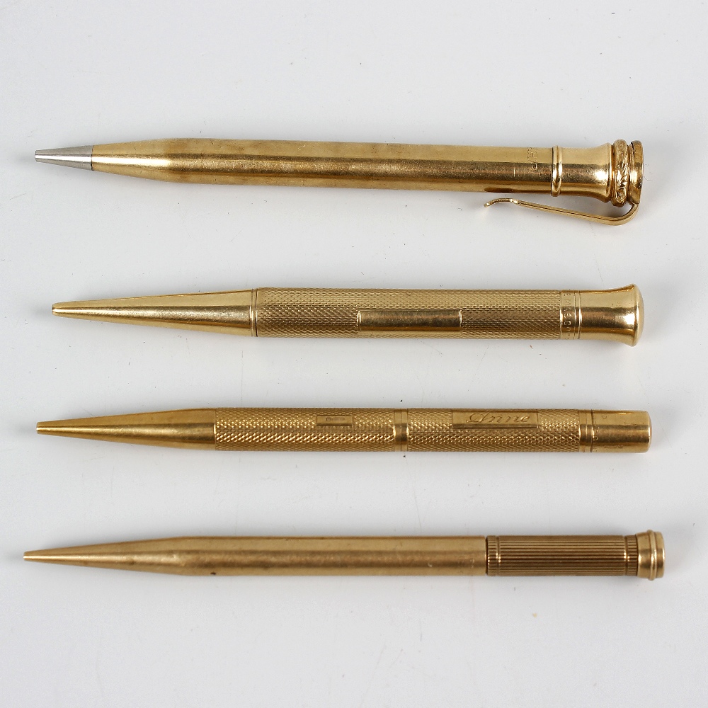 Four 9ct gold mechanical pencils. Comprising a Sampson Mordan & Co. example having plain tapering