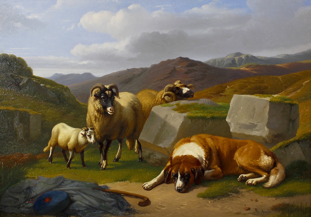 Adolphe Robert Jones (Belgian, 1806-1874) Mountain scene with sleeping dog and sheep beside a pile