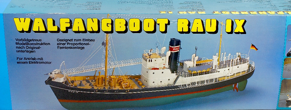 A Graupner 1/45th scale 'Walfangboot Rau IX' model boat kit, unassembled and in original box.  Not