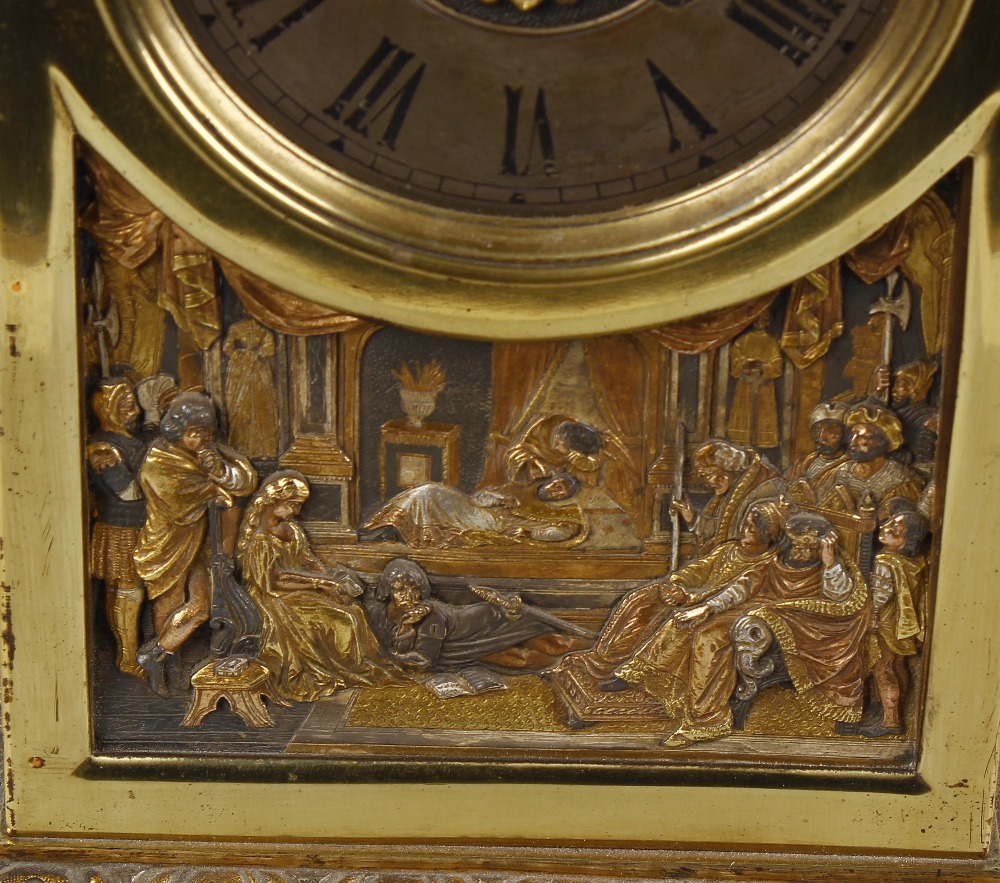 A late 19th century French brass mantel clock. The 3.75 Roman dial with rosette centre, the two - Image 2 of 3