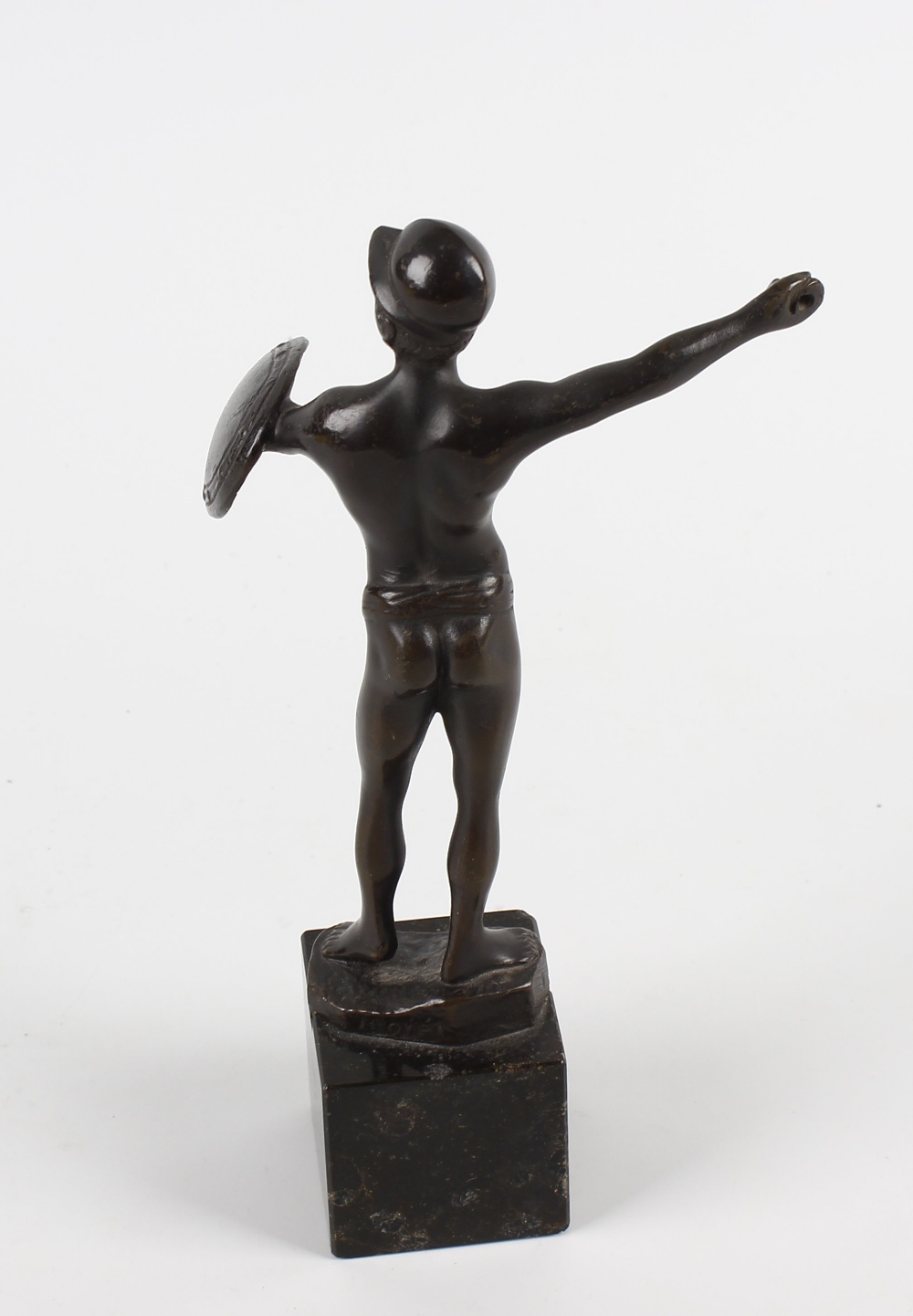 A 19th century Grand Tour souvenir bronze of a gladiator, modelled in a standing pose holding a - Image 2 of 2