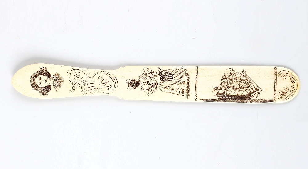 A scrimshaw decorated letter opener depicting the face of a lady in bonnet and frilled collage, a