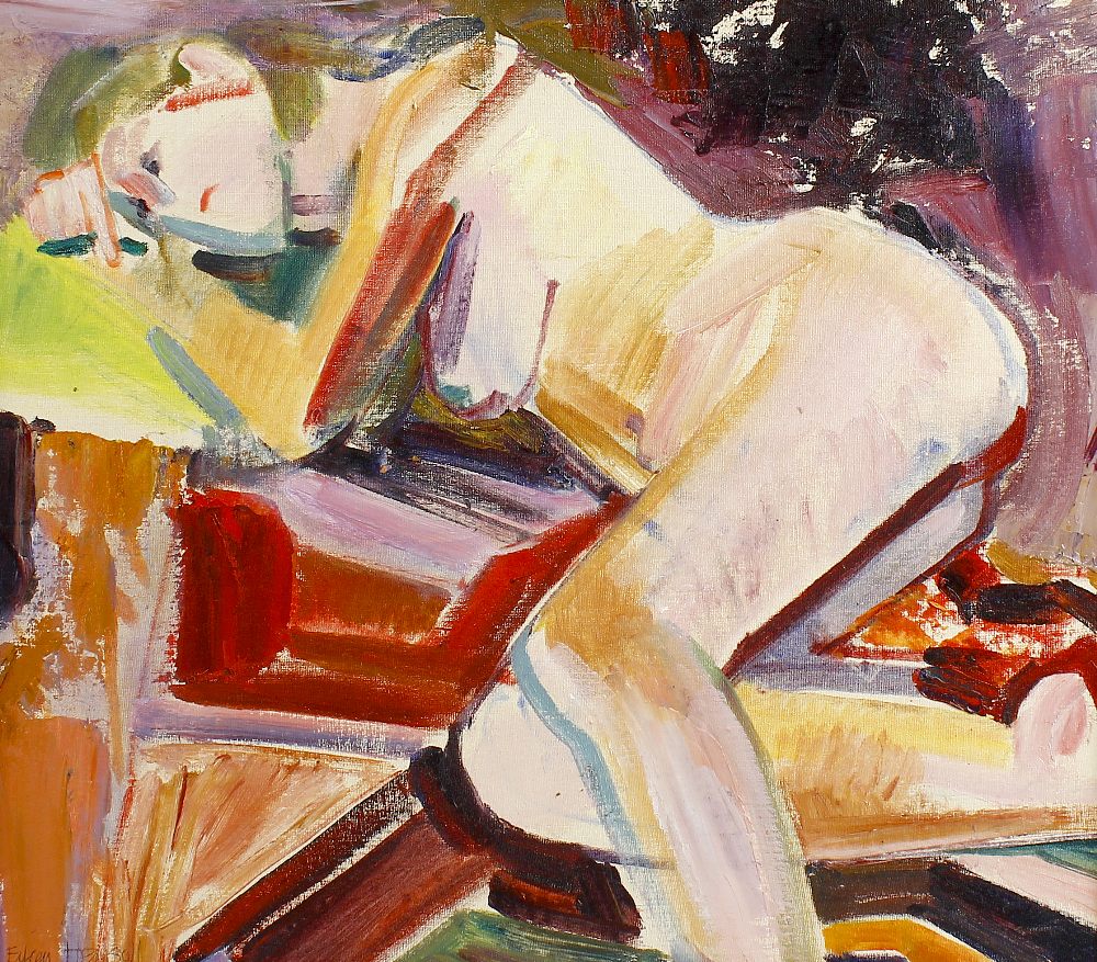 E. Hemsoll (1924-2011) Study of a nude reclining on a bed Oil on canvas laid on board Titled