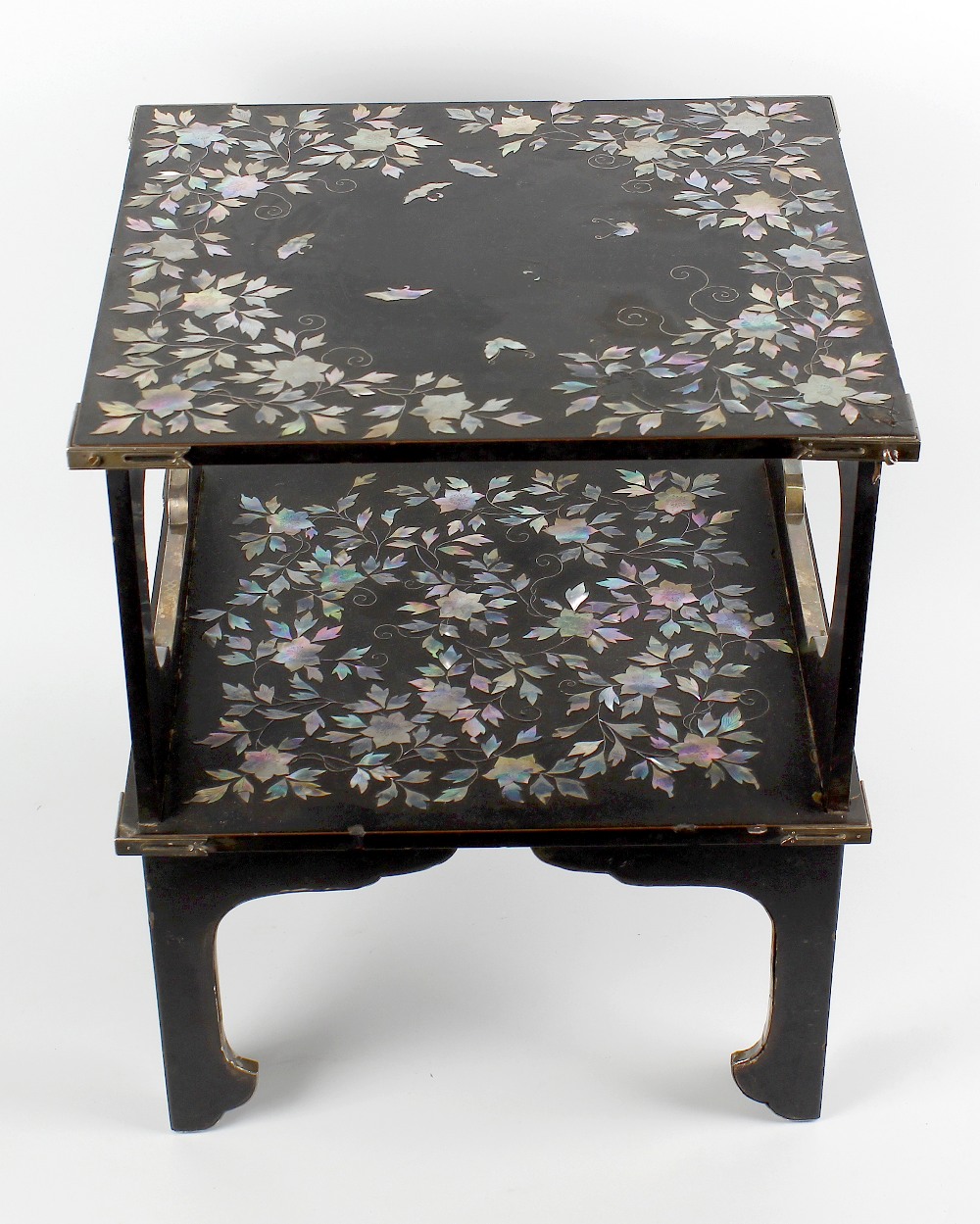 A fine Japanese mother-of-pearl and abalone inlaid black lacquered table. The square top decorated