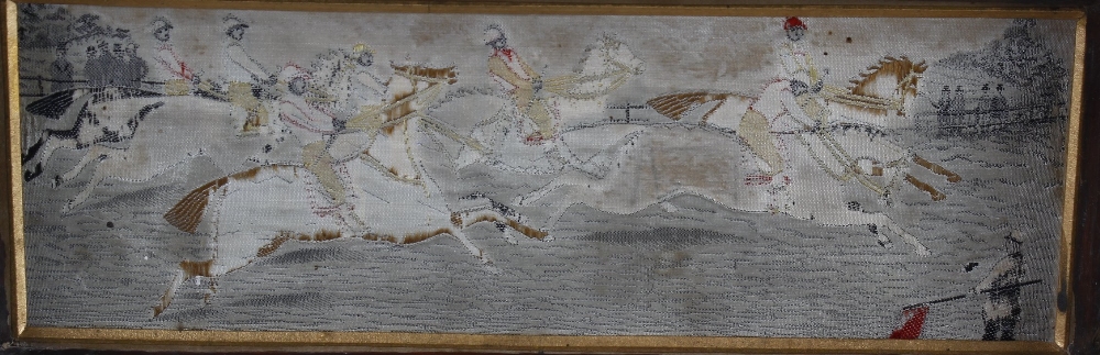 A framed silk work picture of Stevengraph type, depicting a steeplechase with six riders and horses, - Image 2 of 2