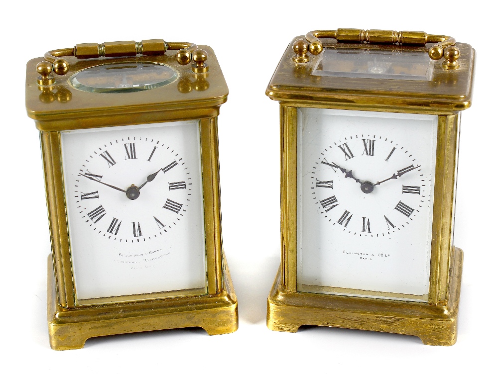 Two brass carriage clocks, each with corniche type case and single train time piece movement. One