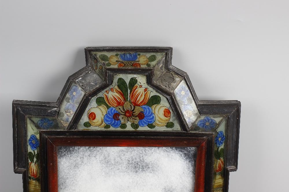 An antique Dutch wall mirror. The rectangular plate within wooden ogee-arched frame having inlaid - Image 2 of 2