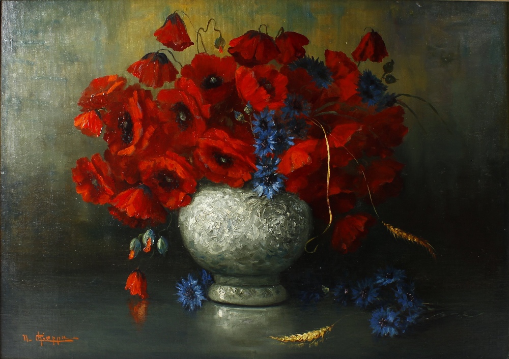 Nando Chiappa (Italian, 20th century)Still life with vase of poppies Oil on boardSigned lower left27 - Image 2 of 3