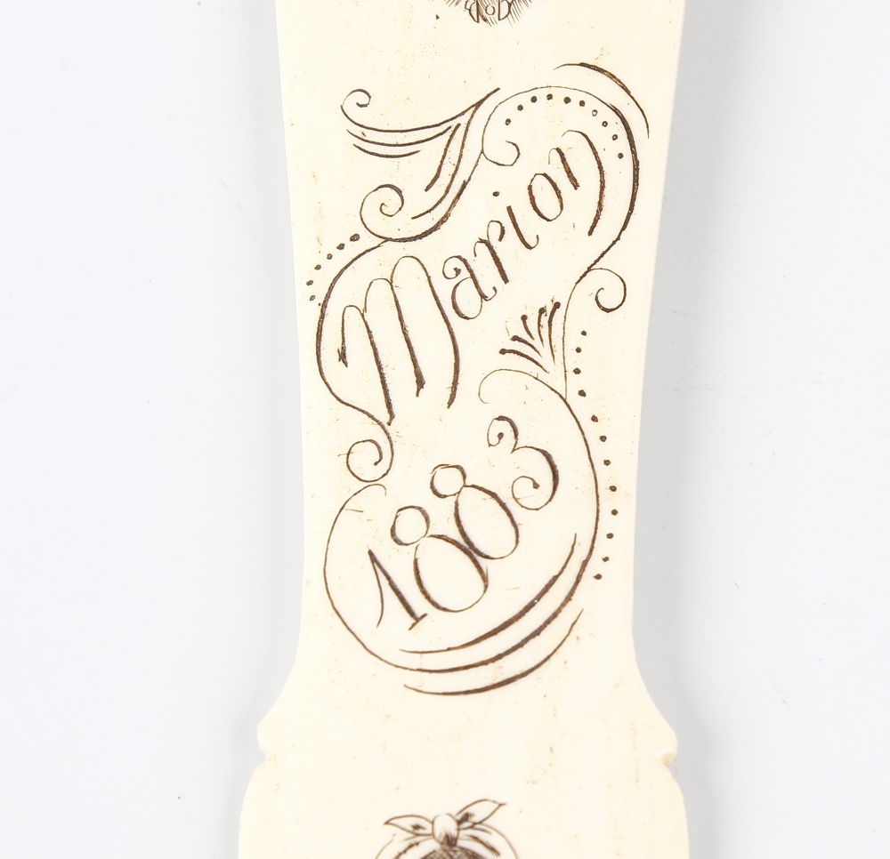 A scrimshaw decorated letter opener depicting the face of a lady in bonnet and frilled collage, a - Image 3 of 4