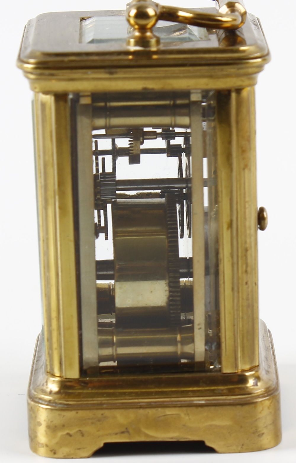 A miniature brass corniche case (mignonette) carriage clock, the cream enamelled Arabic dial with - Image 2 of 5