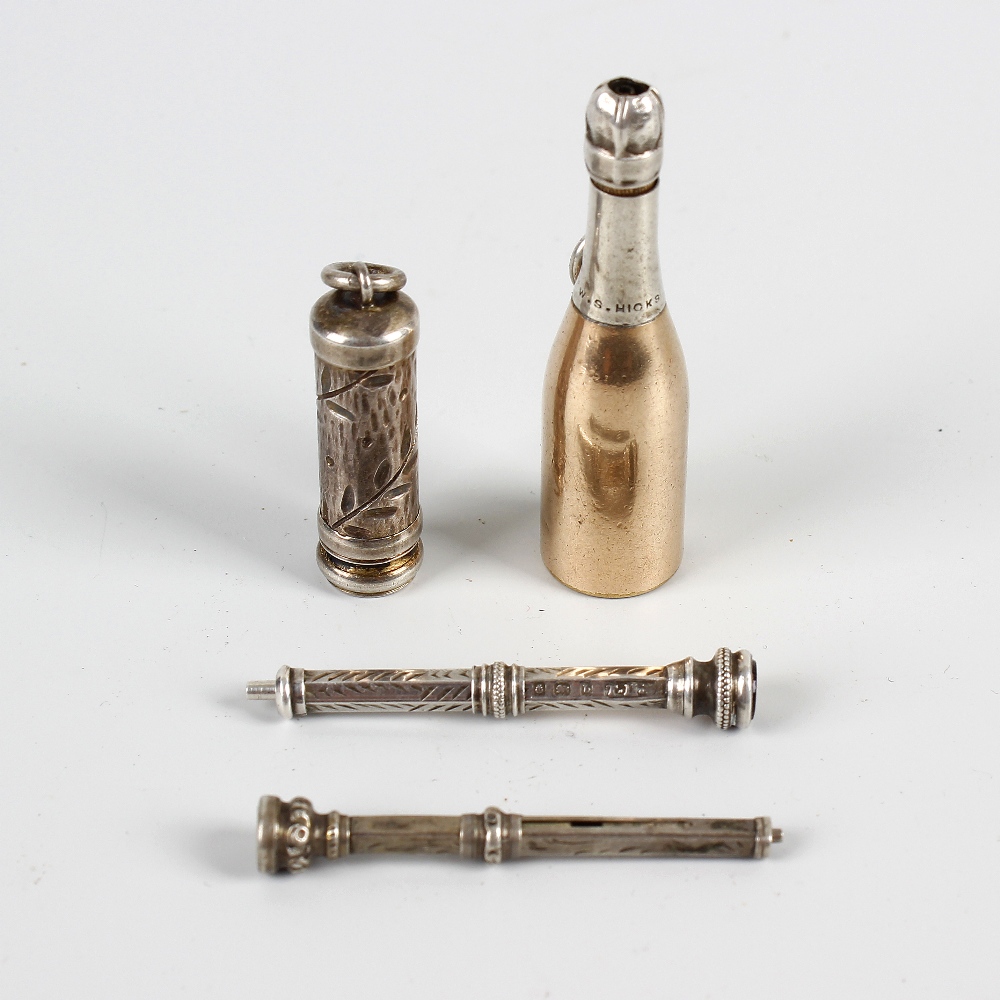 Four assorted propelling pencils. Comprising: a novelty champagne bottle stamped W. S. HICKS, 1.