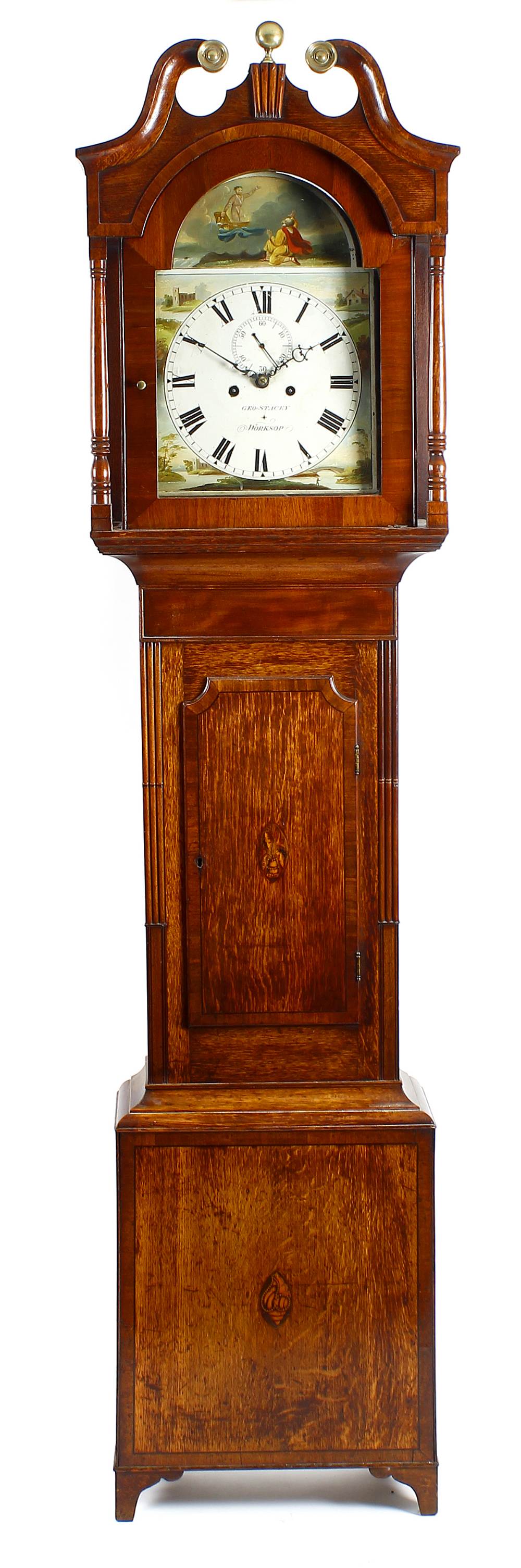 An early 19th century oak and mahogany-cased 8-day painted dial longcase clock George Stacey,