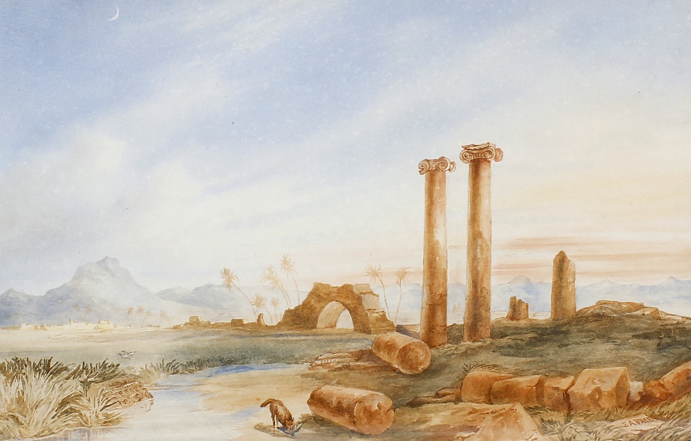 A group of paintings and prints. To include a watercolour, 'The Ruins of Sardis' after Louis