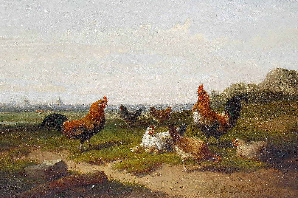 Cornelius Van Leemputten (Belgian, 1841-1902) Landscape with roosters, hens and chicks Oil on