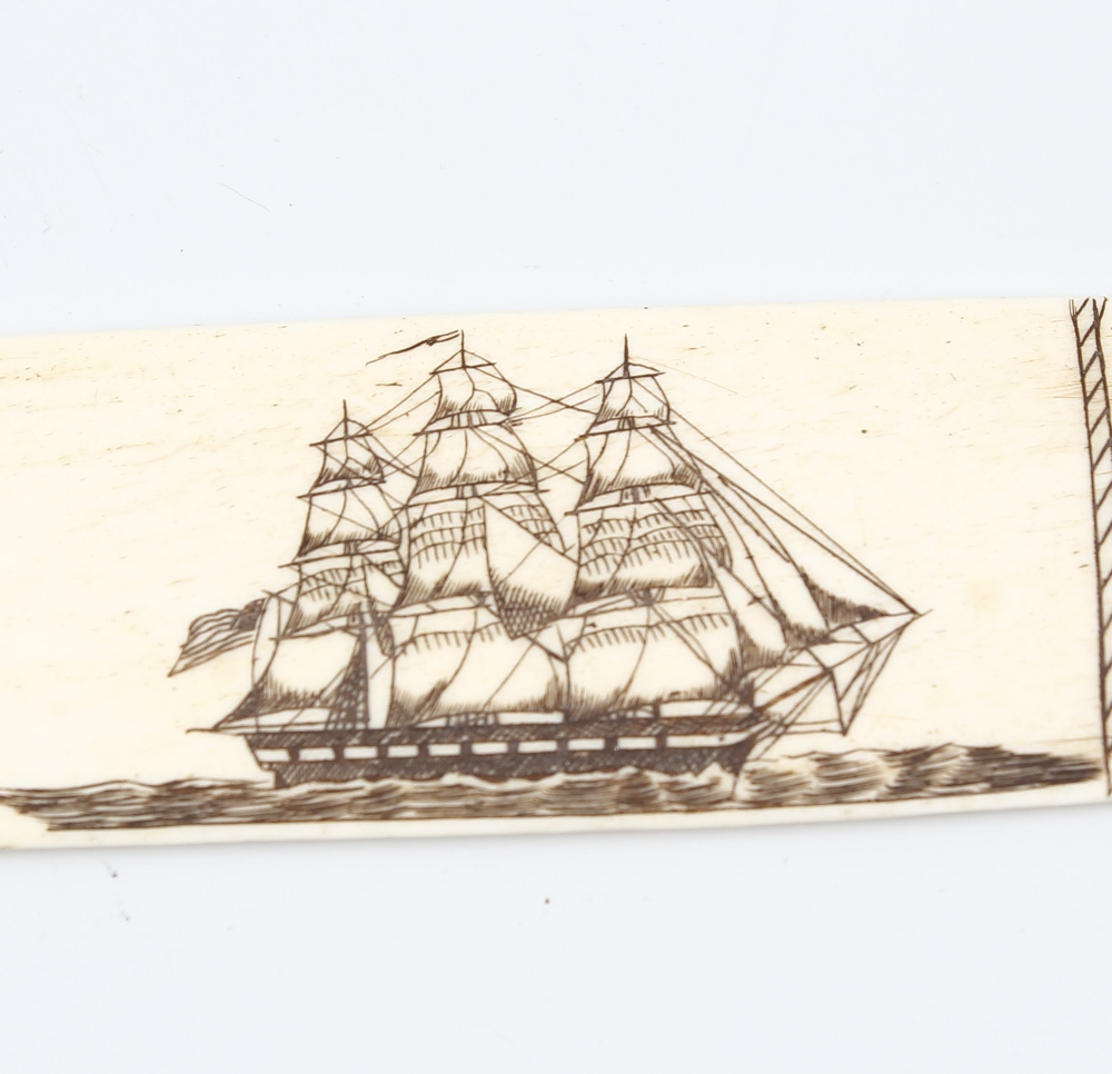 A scrimshaw decorated letter opener depicting the face of a lady in bonnet and frilled collage, a - Image 2 of 4
