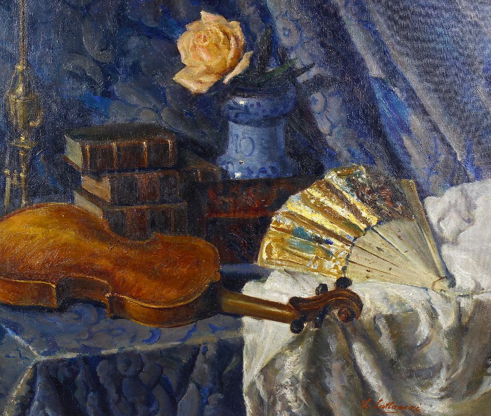 L. Lattanzi (Italian, 20th century)A pair of still lives: Wooden flute, teaset and candelabrum on