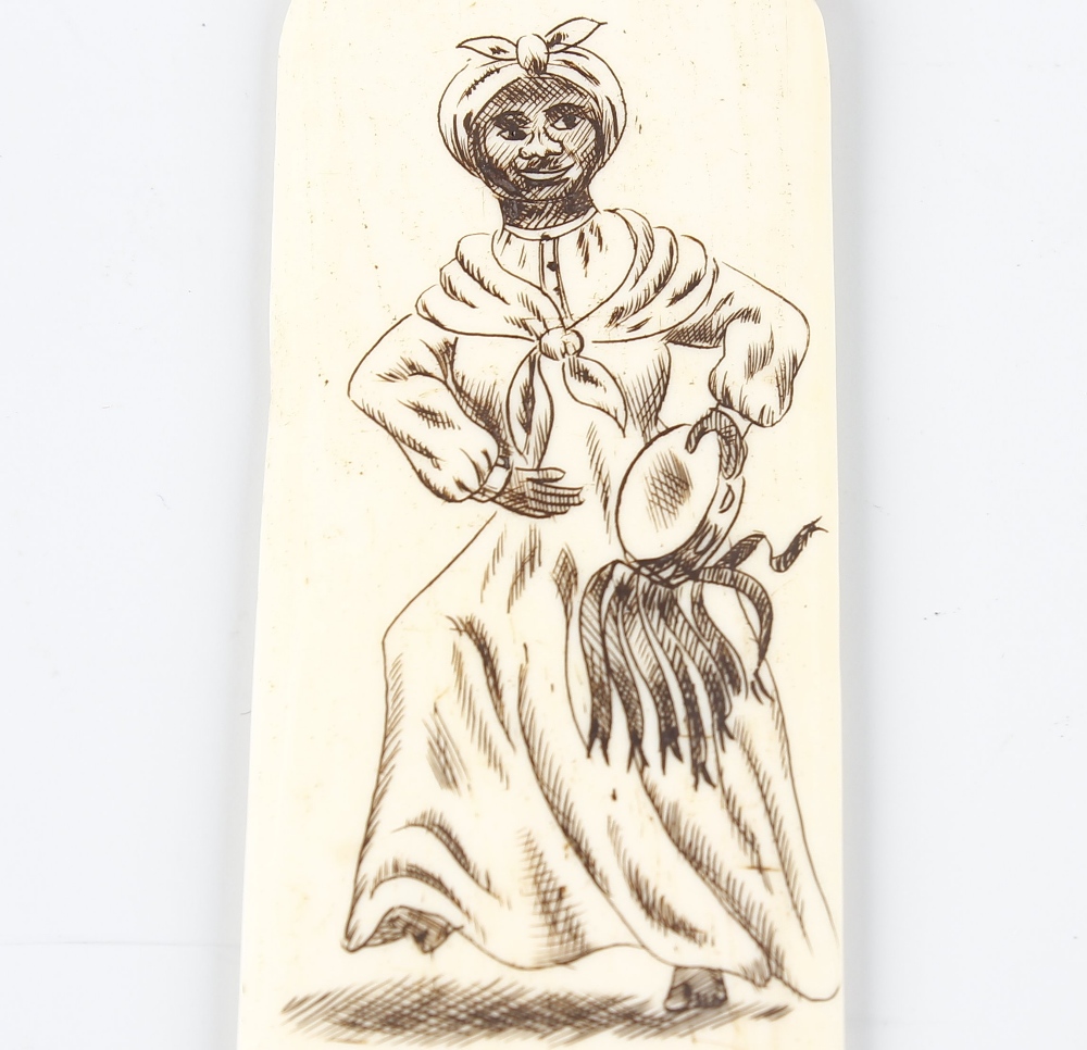 A scrimshaw decorated letter opener depicting the face of a lady in bonnet and frilled collage, a - Image 4 of 4
