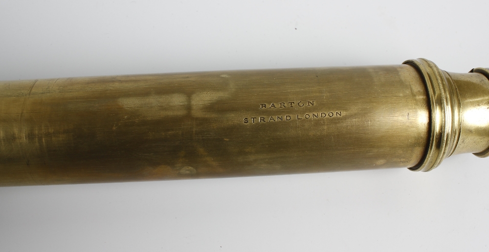 A Victorian brass-bodied three-draw telescope. The black morocco-covered 2.5-inch main barrel with - Image 2 of 2