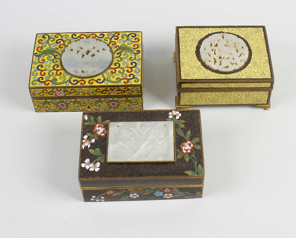 A cloisonne box with jade mounted cover, of rectangular form having foliate wire-work decoration