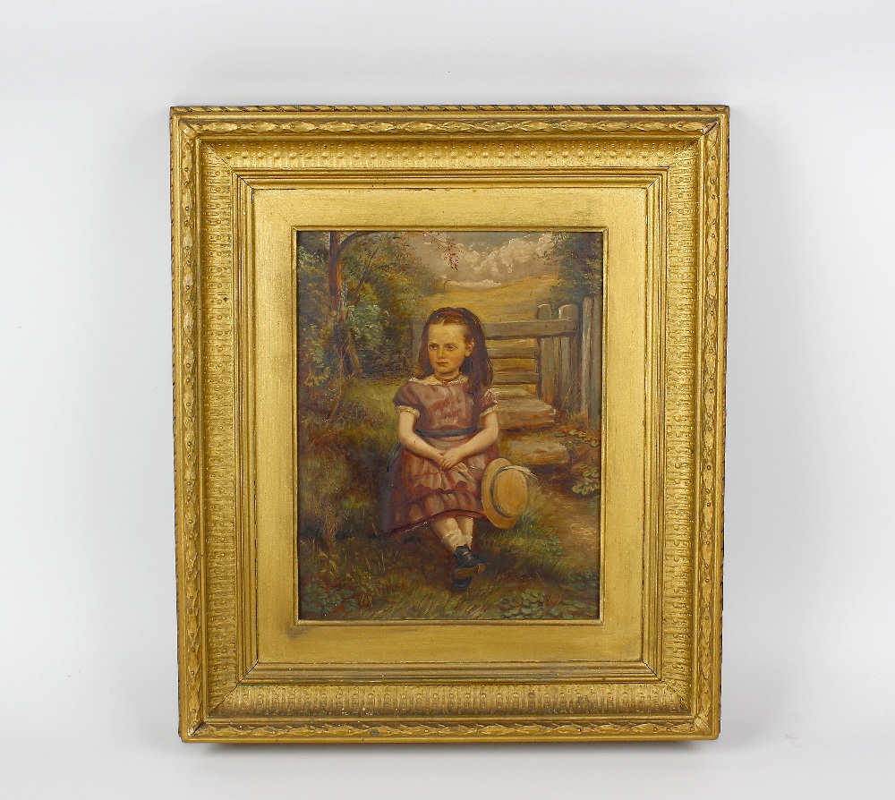 English School (Circa 1900)Portrait of a young girl seated before a stile in a landscape Oil on