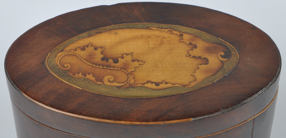 A George III inlaid mahogany oval tea caddy, the hinged cover with harewood and stained lime wood - Image 2 of 2