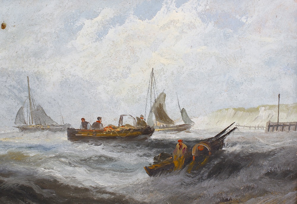 A 19th century oil on panel Harbour scene with small boats upon a choppy sea 14.5 x 10.5 (37 cm x