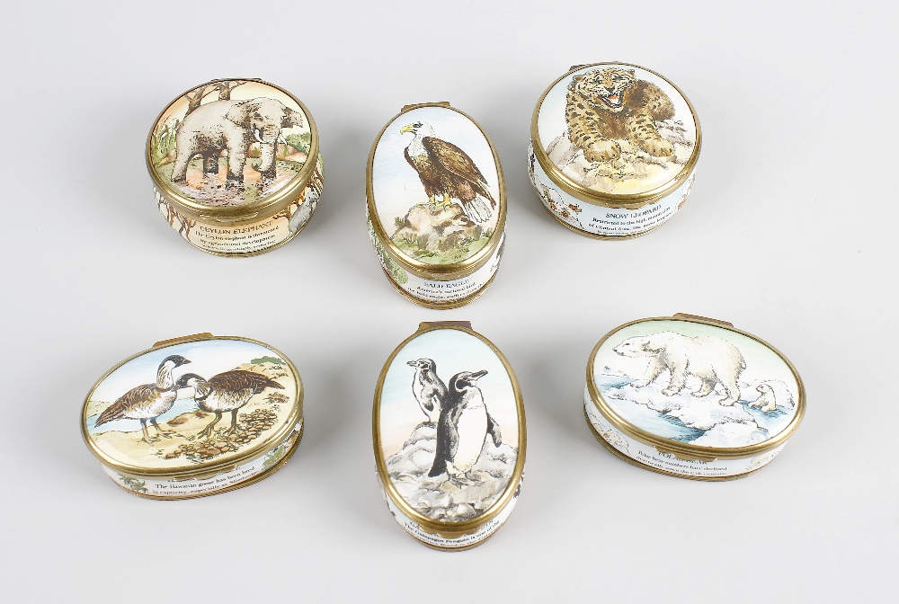 A cased set of six Halcyon Days limited edition enamel boxes. World Wildlife Collection UK