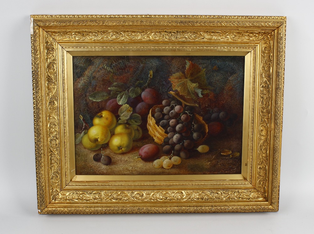 Vincent Clare (1855-1930)Still life scene with basket of grapes beside apples and plumsSigned to - Image 2 of 4