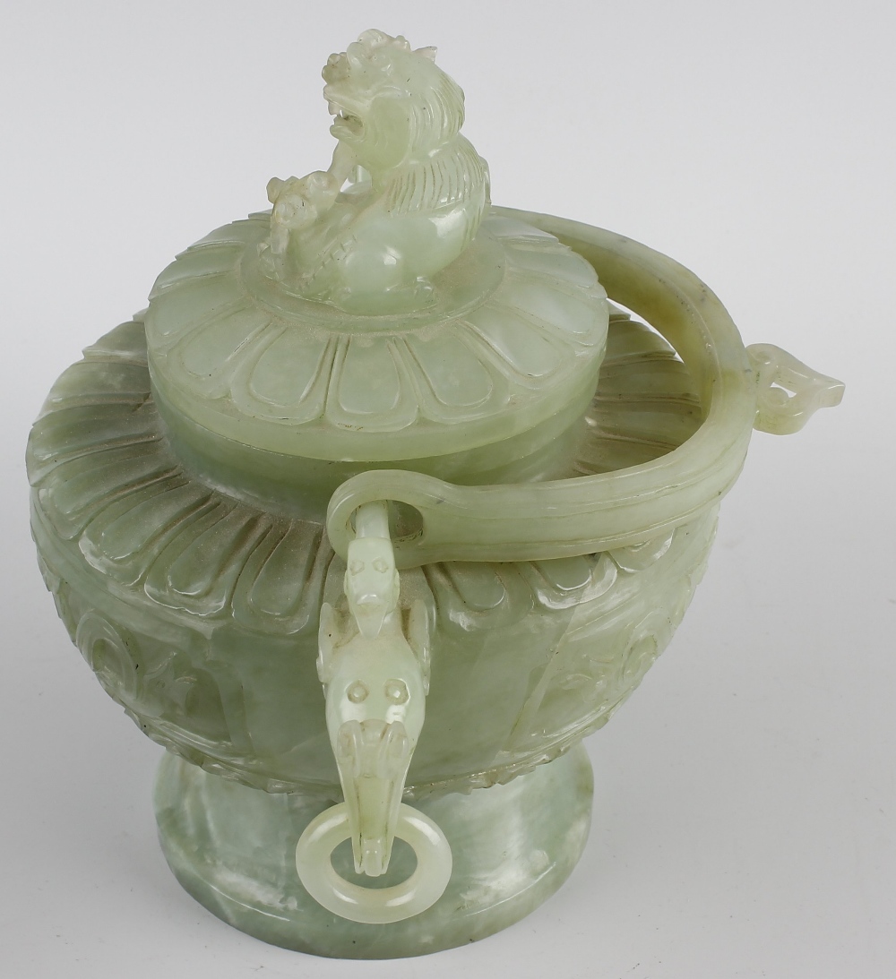 A Chinese carved green hard stone bowl and cover, the body carved with dual dragon and pearl - Image 5 of 7
