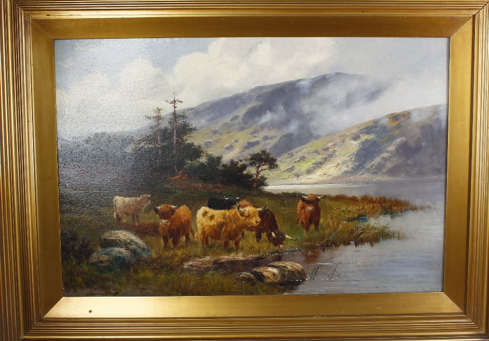 Charles W. Oswald (fl. 1890-1899) A pair of oils on canvas Landscapes with highland cattle Signed - Image 4 of 4