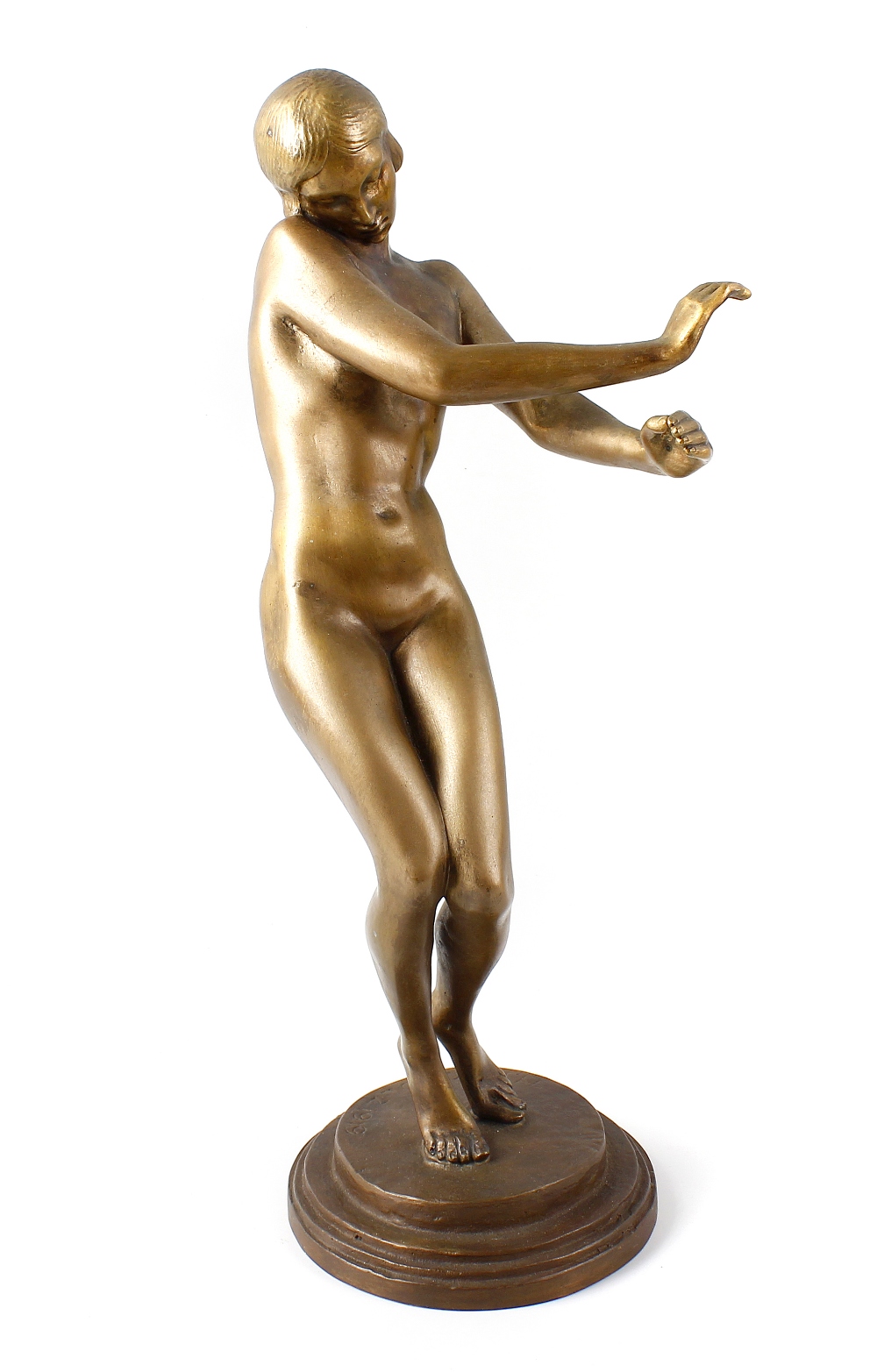 A 20th century bronze figure. Modelled as a dancing female nude, upon stepped circular base