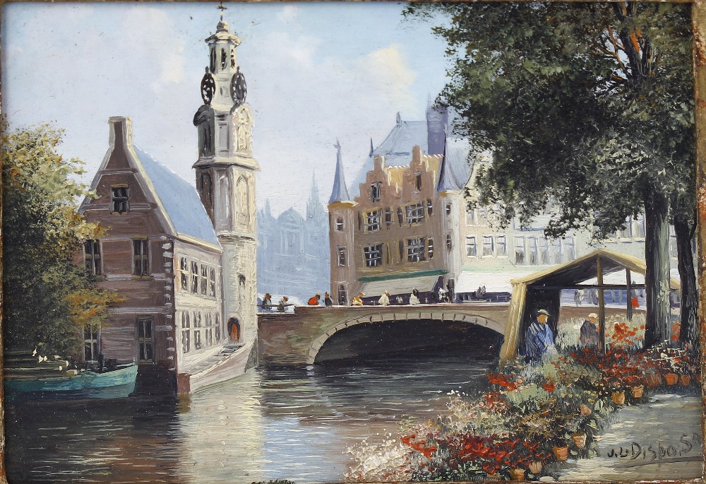 J. L. Dispo (Dutch, 1922-1973)An Amsterdam canal scene Oil on panelSigned lower right5 x 6.75 (12. - Image 2 of 3