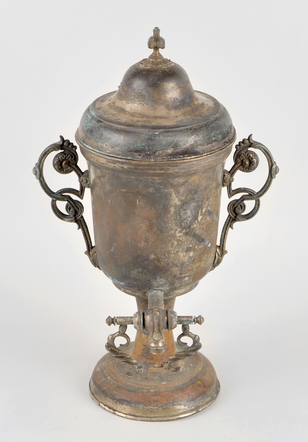 A box containing assorted metal wares. To include a plate on copper patent percolator, of urn form