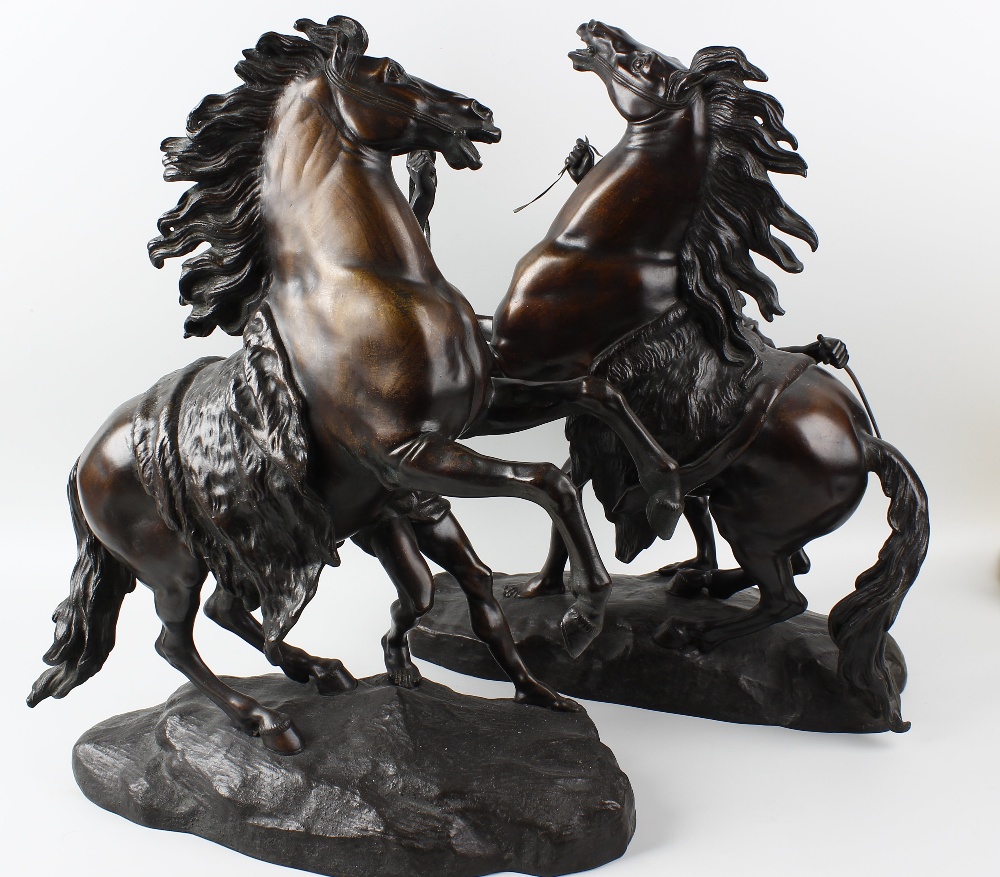 A pair of 19th century bronze Marly horses In the manner of Coustou, each rearing horse with - Image 5 of 5