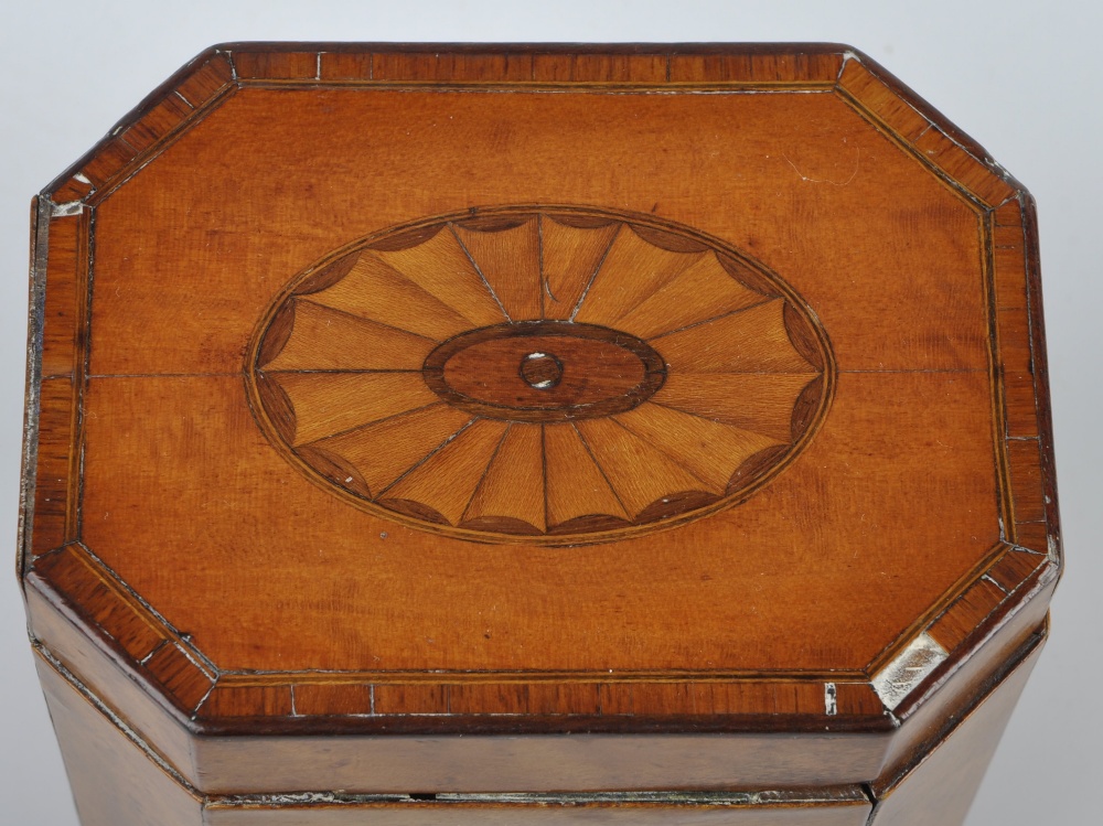 A George III inlaid satinwood tea caddy, of hinged canted oblong cover centred by a bat's wing - Image 2 of 2