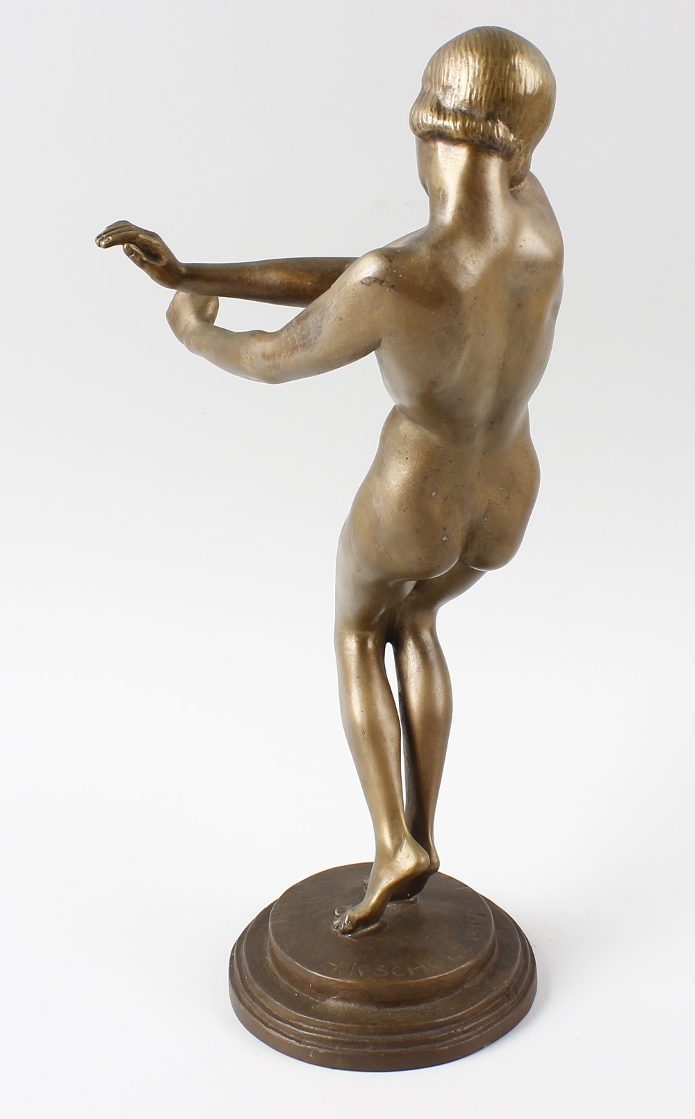 A 20th century bronze figure. Modelled as a dancing female nude, upon stepped circular base - Image 3 of 4