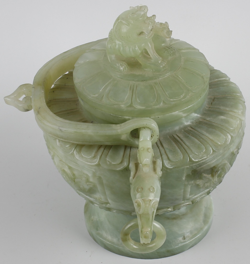 A Chinese carved green hard stone bowl and cover, the body carved with dual dragon and pearl - Image 7 of 7