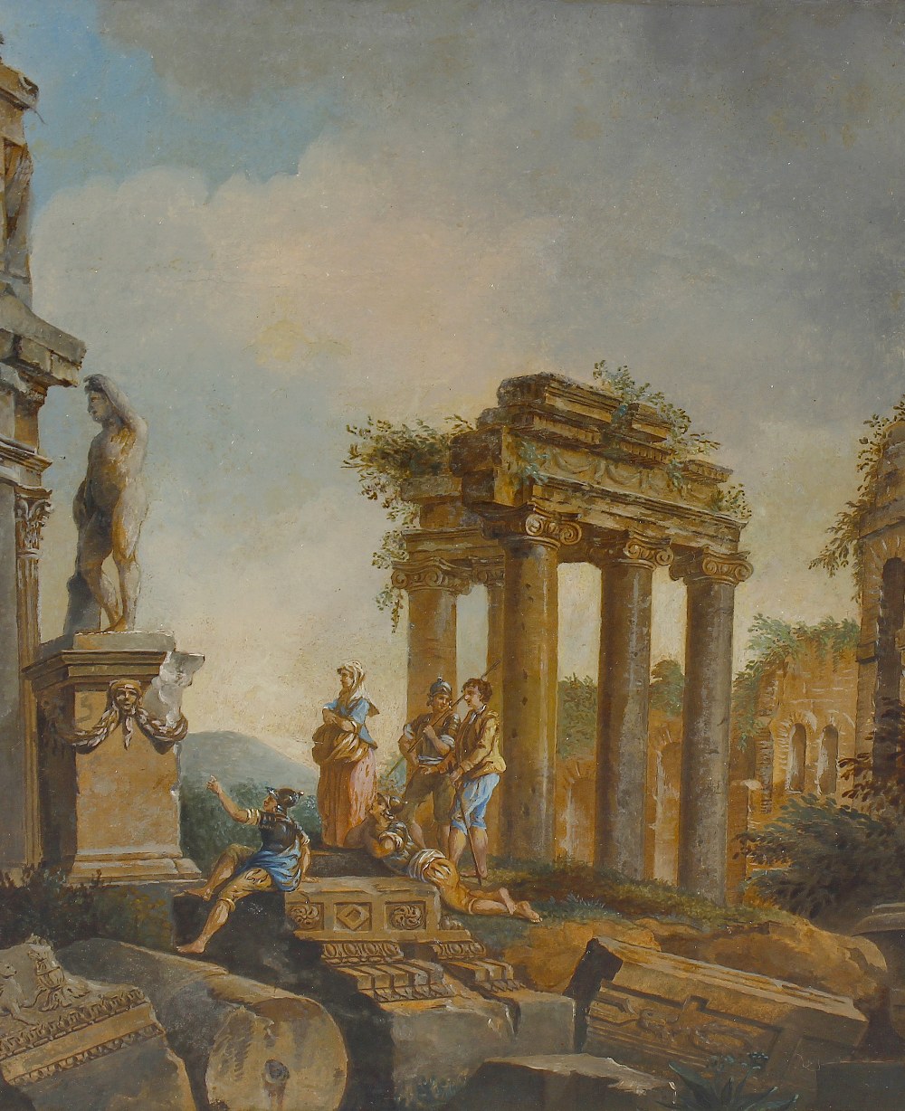 Attributed to Giovanni Pannini (1691-1765)Figures amongst ruins in a classical landscapeOil on